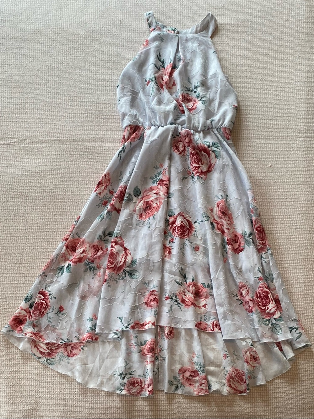 Floral Halter-Style Girls Dress in Light Blue and Pink Roses